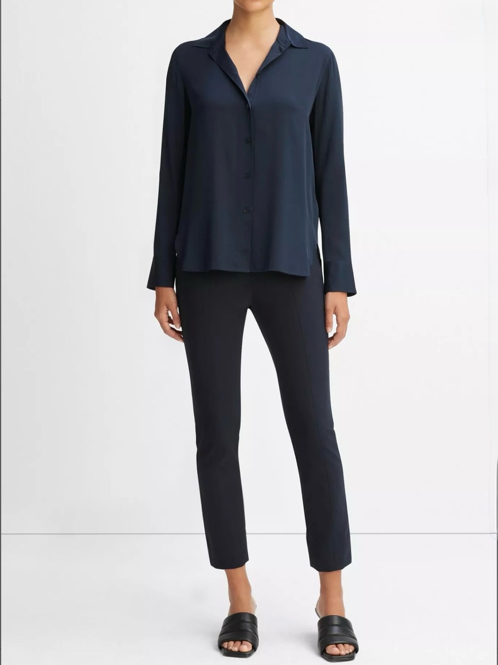 Vince Slim Fitted Silk Blouse Navy - Sz Small